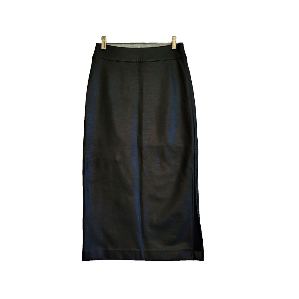 Halogen Vegan Leather Skirt Size 2 Black Lined Retro Midi Pencil Office